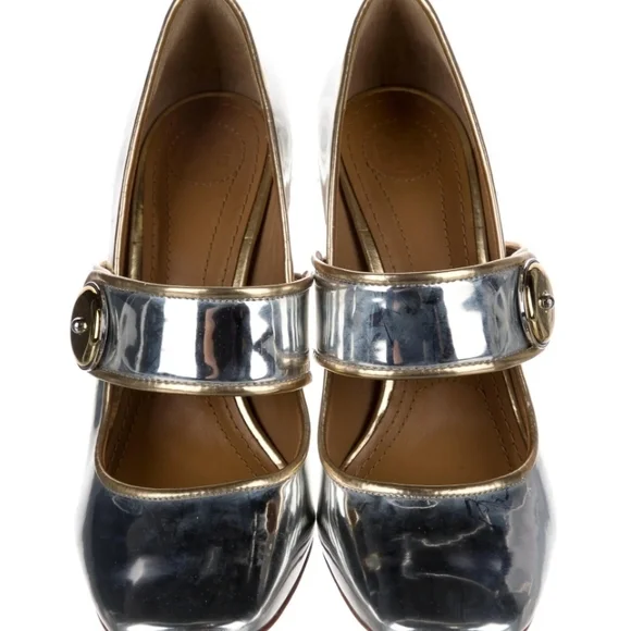 Tory Burch Madison Silver Gold Color Metallic Block Heel Mary Jane Pumps - Picture 2 of 5
